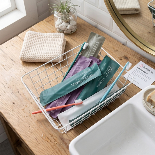 White wire dish rack with toothbrushes and toothpaste on a wooden surface next to a sink.