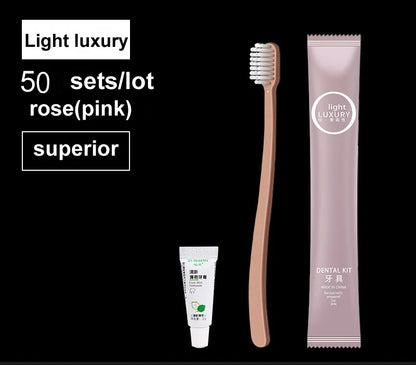 Dental care products including a toothbrush, toothpaste, and dental kit on a black background.