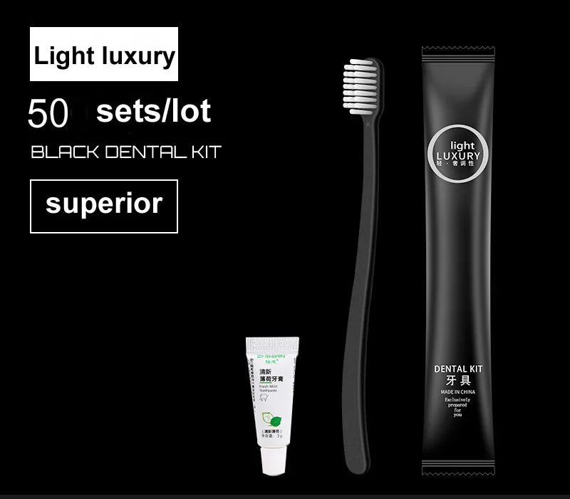 Black dental kit with toothbrush and toothpaste on a black background