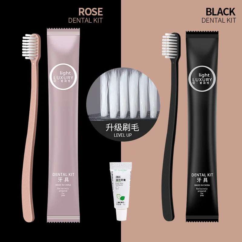 Rose and black dental kits with toothbrushes and toothpaste on a black and brown background.