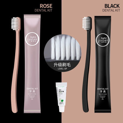 Rose and black dental kits with toothbrushes and toothpaste on a black and brown background.