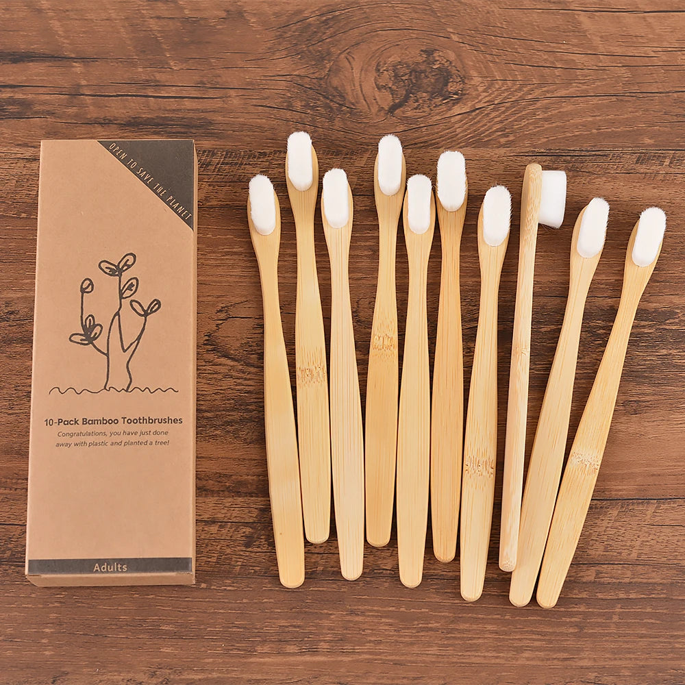 Extra Soft Eco-Friendly Bamboo Toothbrush Set: Vegan Oral Hygiene Care (Adult, 10 Pieces)