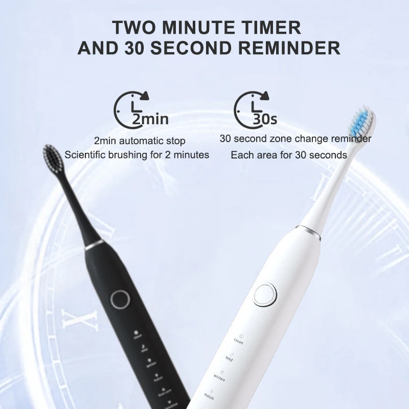 Ultrasonic Electric Whitening Toothbrush: Rechargeable, 6 Cleaning Modes, Smart Timer, IPX7 Waterproof, Travel Case (Adult, 4/8 Brush Heads)